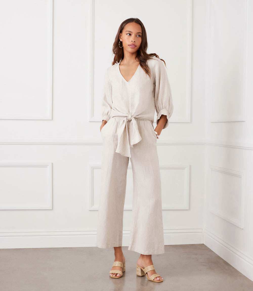 Blouson Sleeve Linen Tie-Front Top