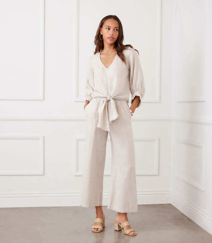 Blouson Sleeve Linen Tie-Front Top