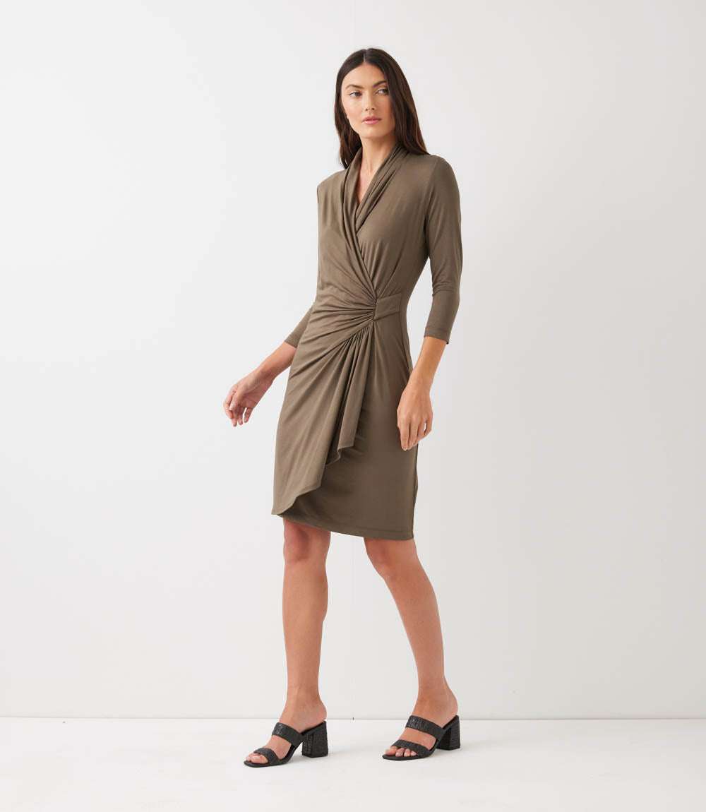 3/4 Sleeve Cascade Wrap Dress