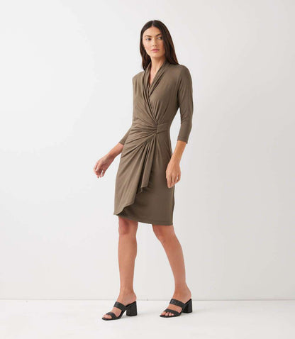 3/4 Sleeve Cascade Wrap Dress
