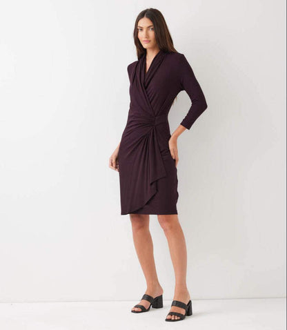 Petite Size 3/4 Sleeve Cascade Wrap Dress
