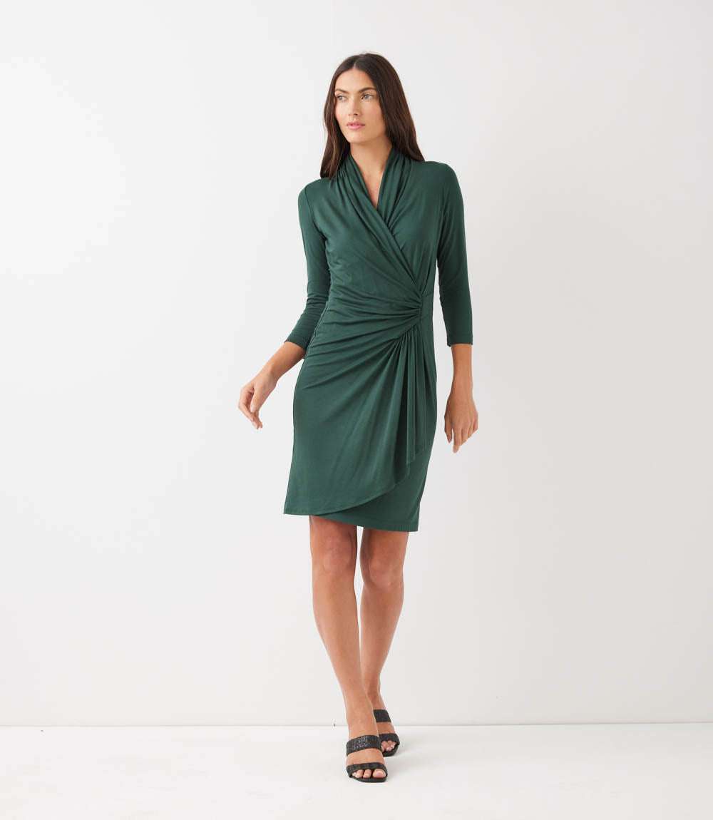 3/4 Sleeve Cascade Wrap Dress