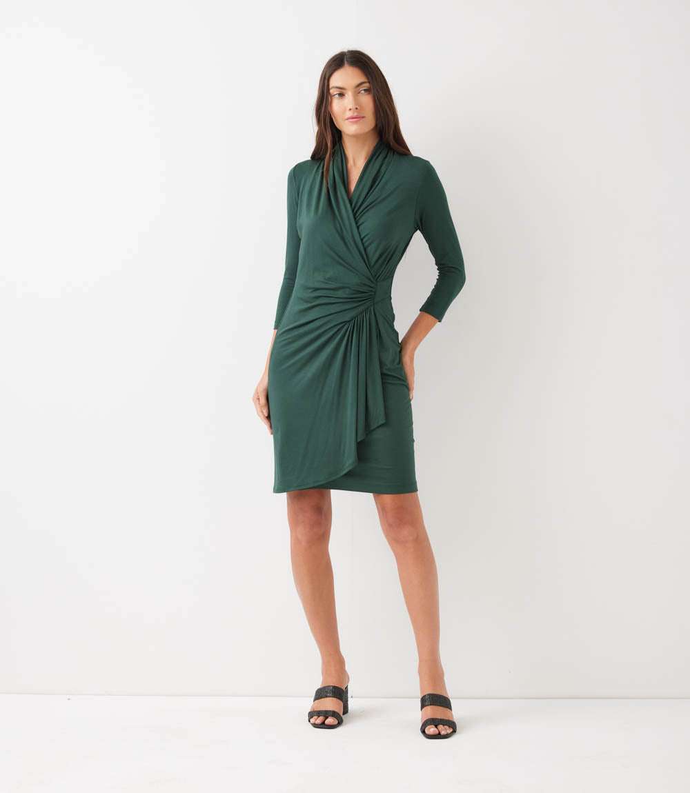 3/4 Sleeve Cascade Wrap Dress