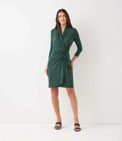 3/4 Sleeve Cascade Wrap Dress