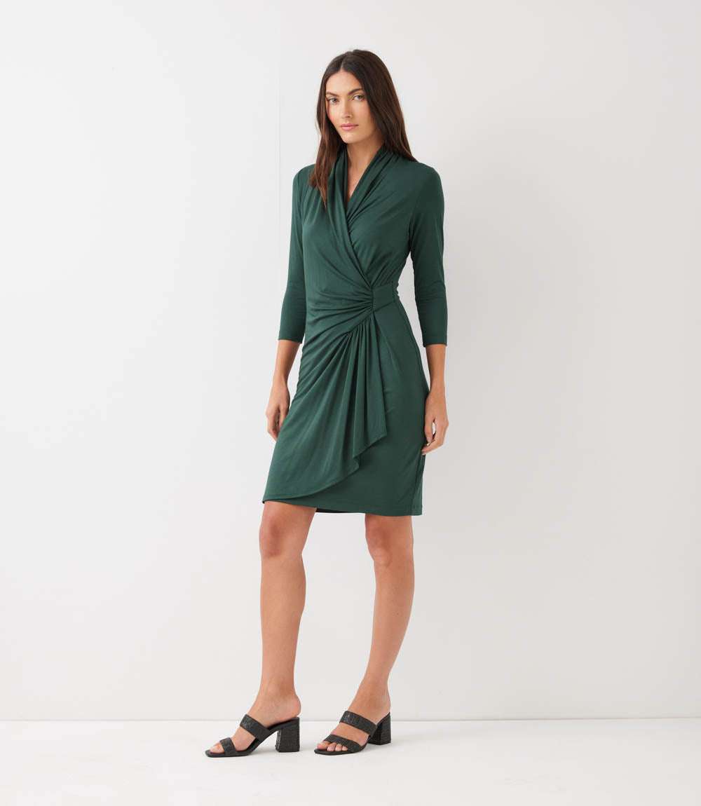 3/4 Sleeve Cascade Wrap Dress