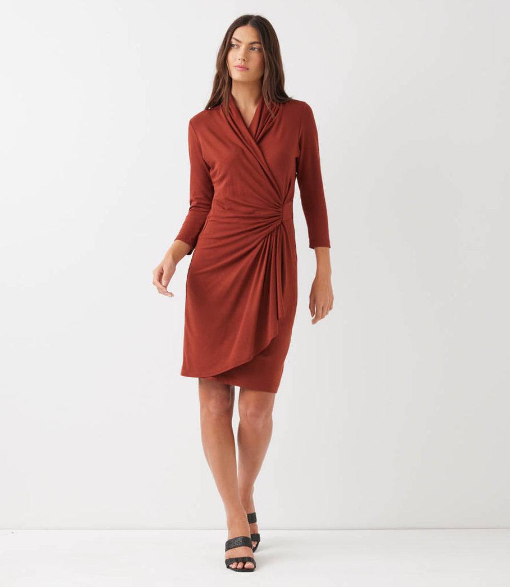 3/4 Sleeve Cascade Wrap Dress