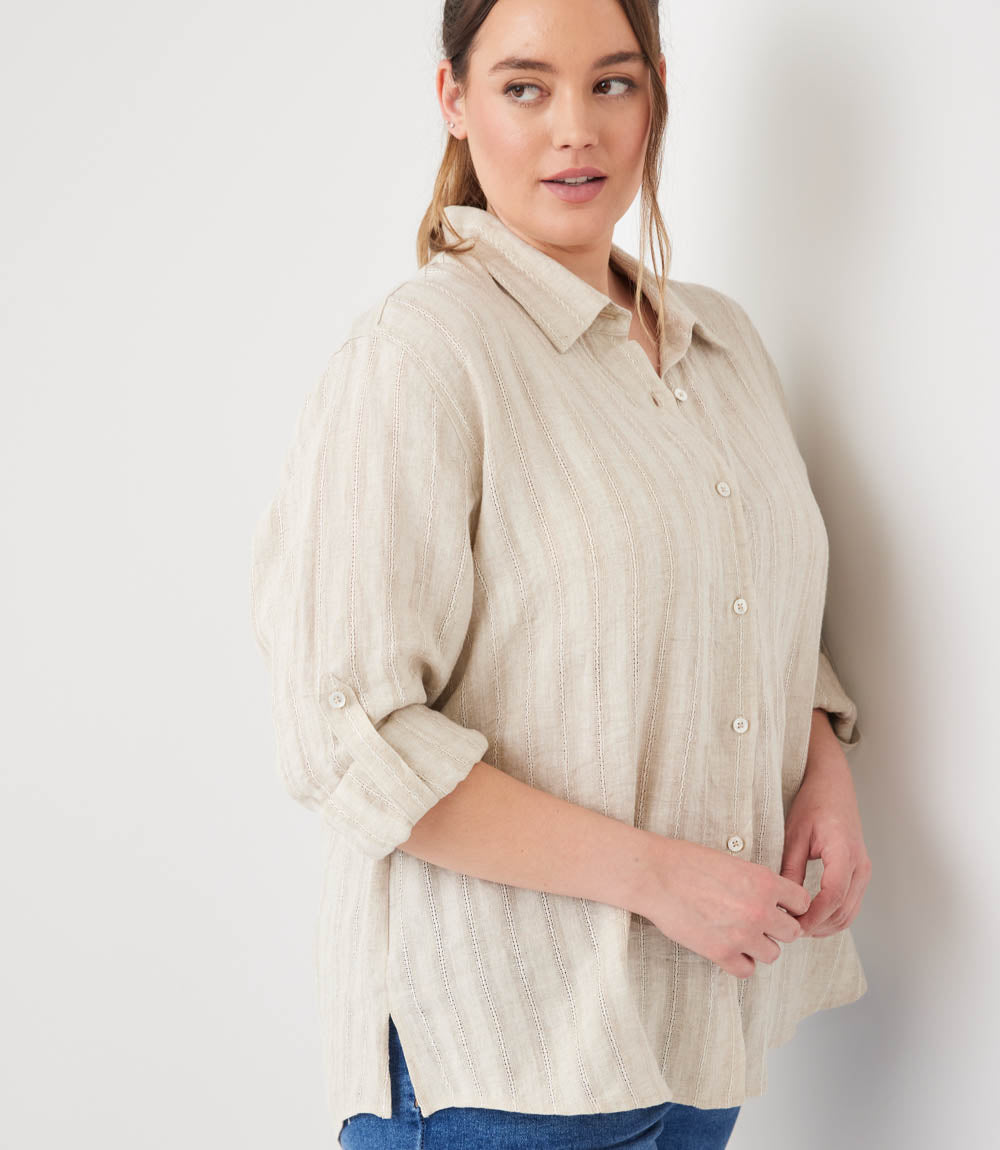 Plus Size Stripe Linen Roll-Tab Shirt