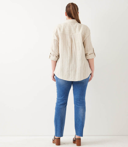 Plus Size Stripe Linen Roll-Tab Shirt