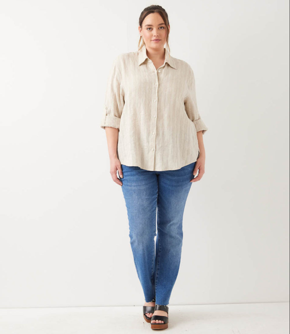 Plus Size Stripe Linen Roll-Tab Shirt