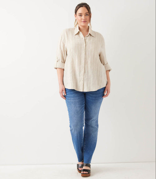 Plus Size Stripe Linen Roll-Tab Shirt
