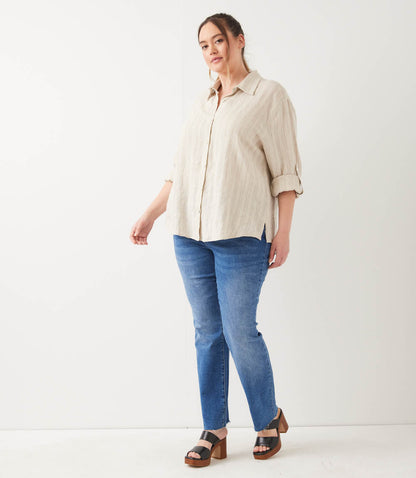 Plus Size Stripe Linen Roll-Tab Shirt