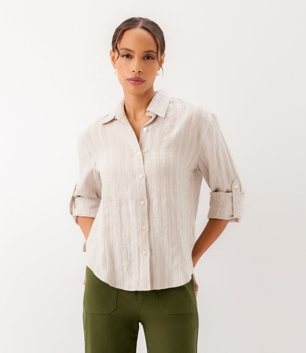 Stripe Linen Roll-Tab Shirt