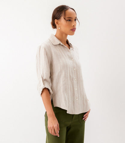 Stripe Linen Roll-Tab Shirt