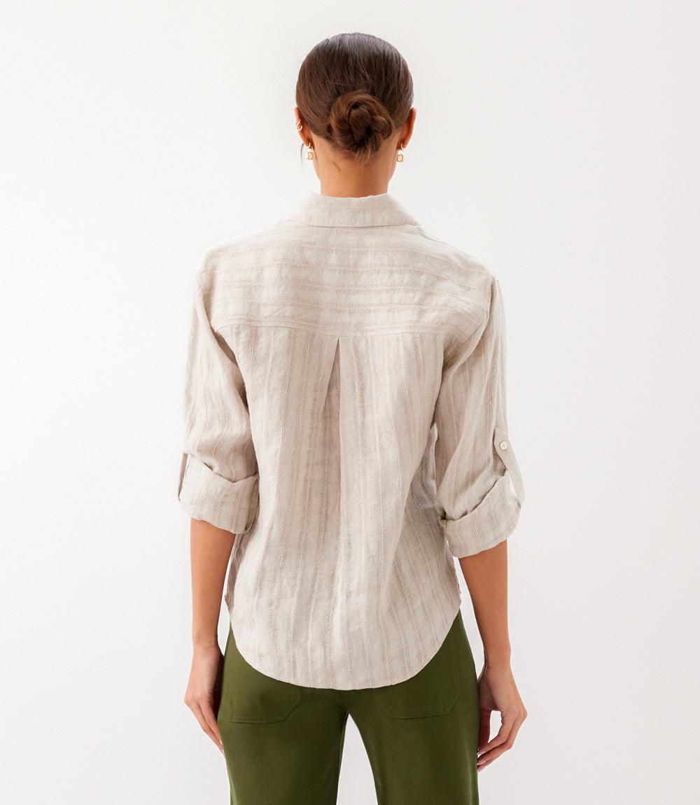 Stripe Linen Roll-Tab Shirt