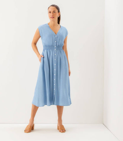 Cap Sleeve Smocked Waist Button-Up Midi Dress
