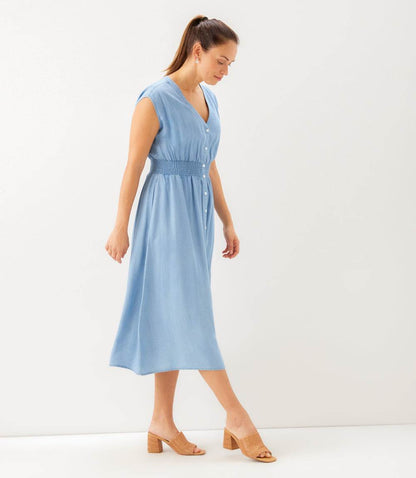 Cap Sleeve Smocked Waist Button-Up Midi Dress