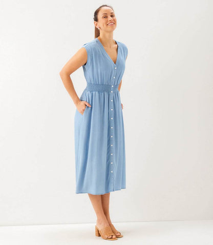 Cap Sleeve Smocked Waist Button-Up Midi Dress