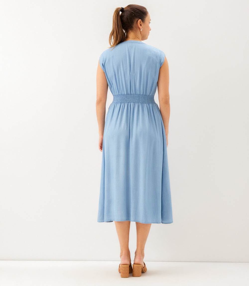 Cap Sleeve Smocked Waist Button-Up Midi Dress