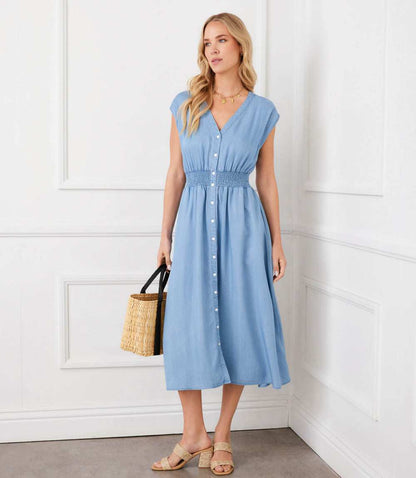 Cap Sleeve Smocked Waist Button-Up Midi Dress
