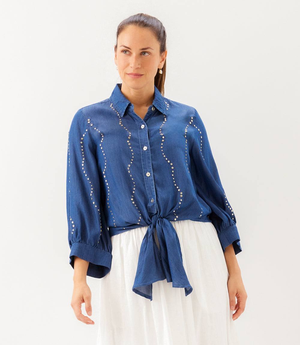 Blouson Sleeve Gemstone Denim Shirt
