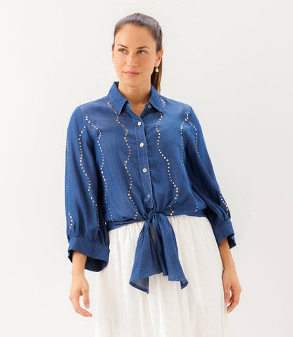 Blouson Sleeve Gemstone Denim Shirt