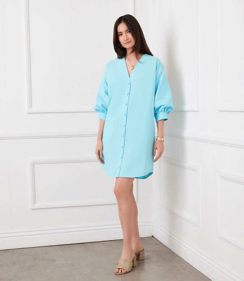 Lantern Sleeve Pearl Button-Front Dress