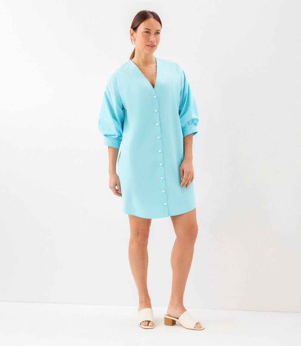 Lantern Sleeve Pearl Button-Front Dress