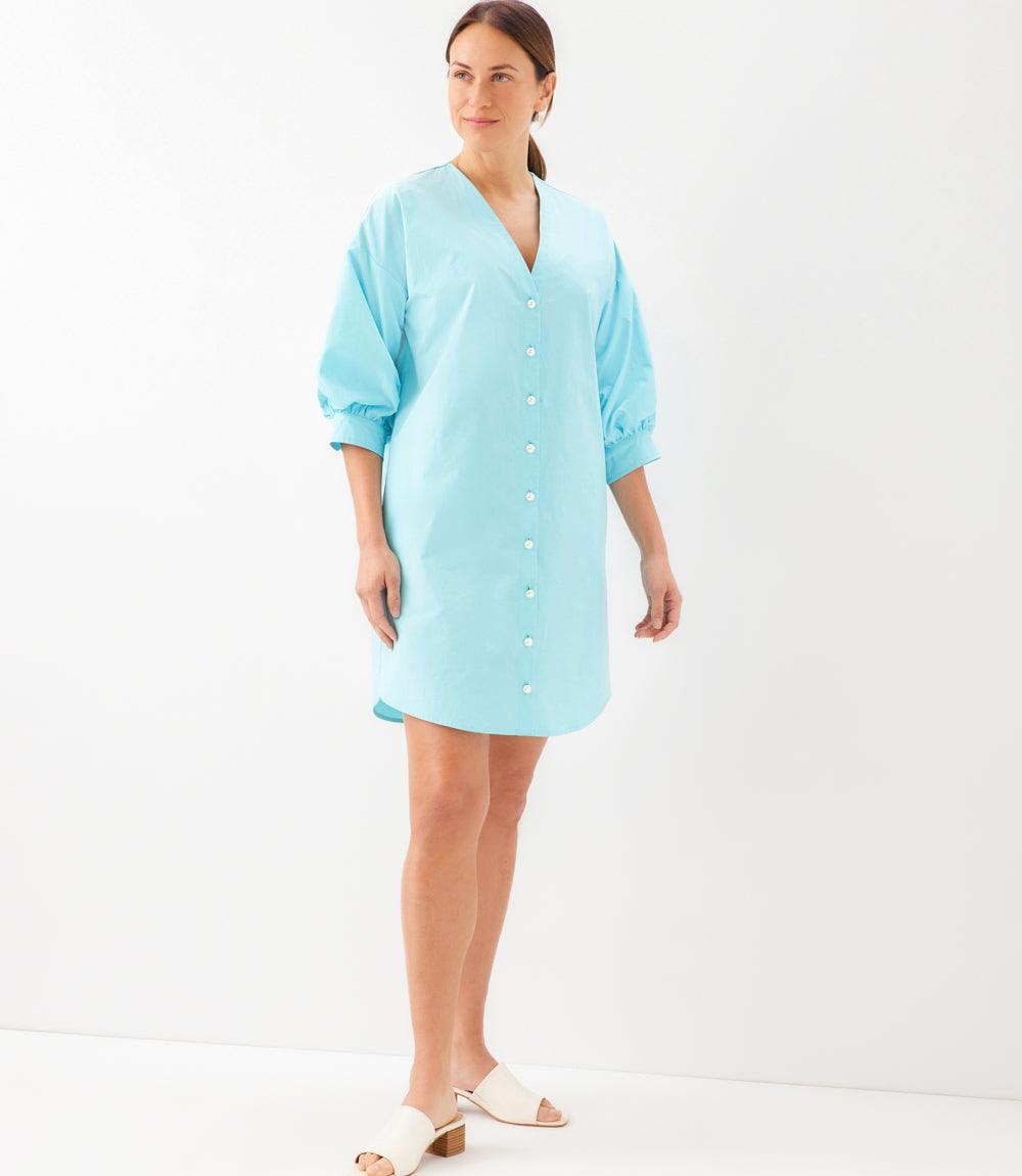 Lantern Sleeve Pearl Button-Front Dress