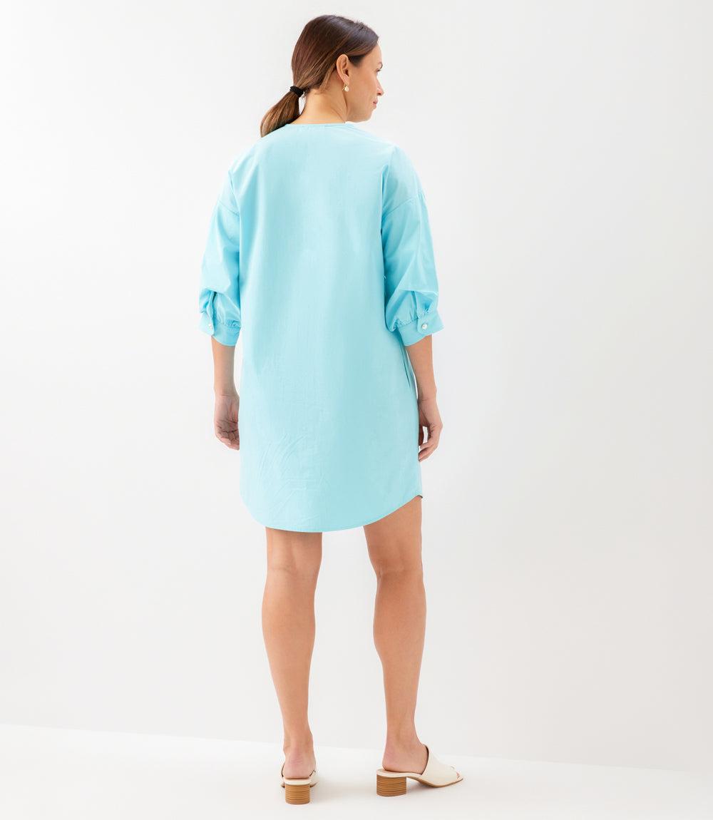 Lantern Sleeve Pearl Button-Front Dress