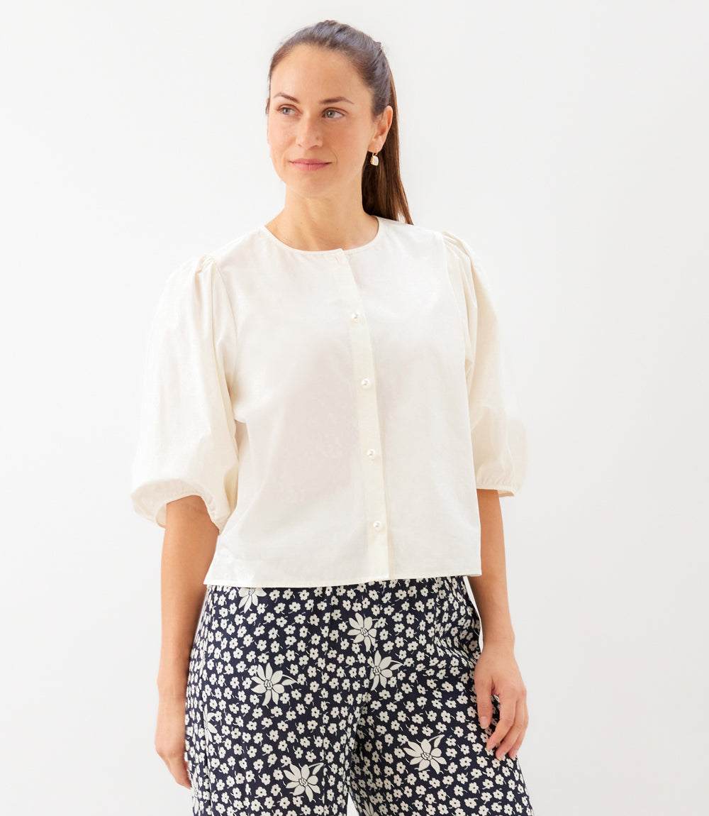 Puff Sleeve Pearl Button Top