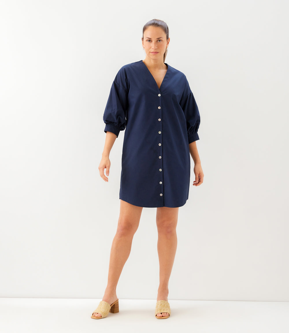 Lantern Sleeve Button-Front Dress