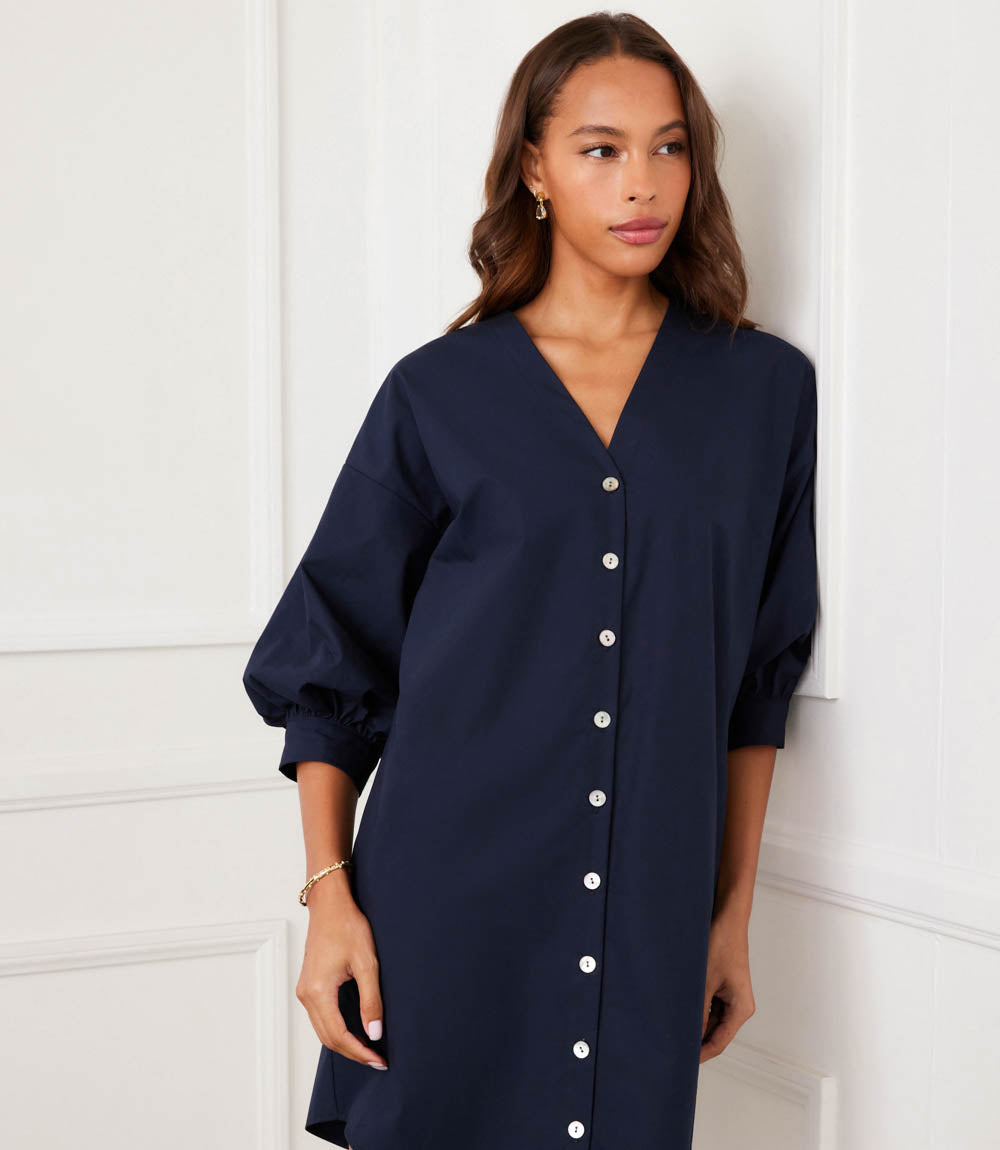 Lantern Sleeve Button-Front Dress