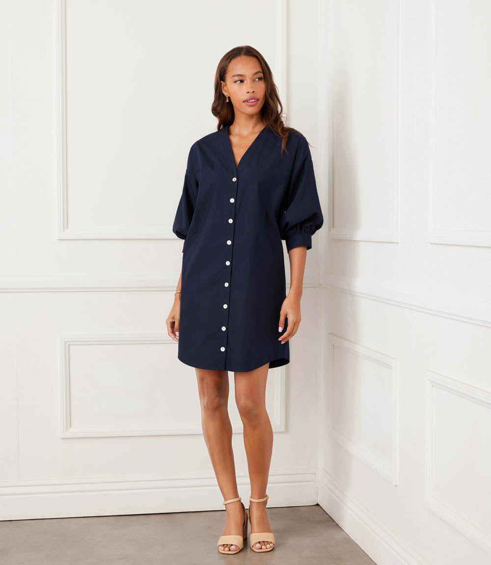 Lantern Sleeve Button-Front Dress