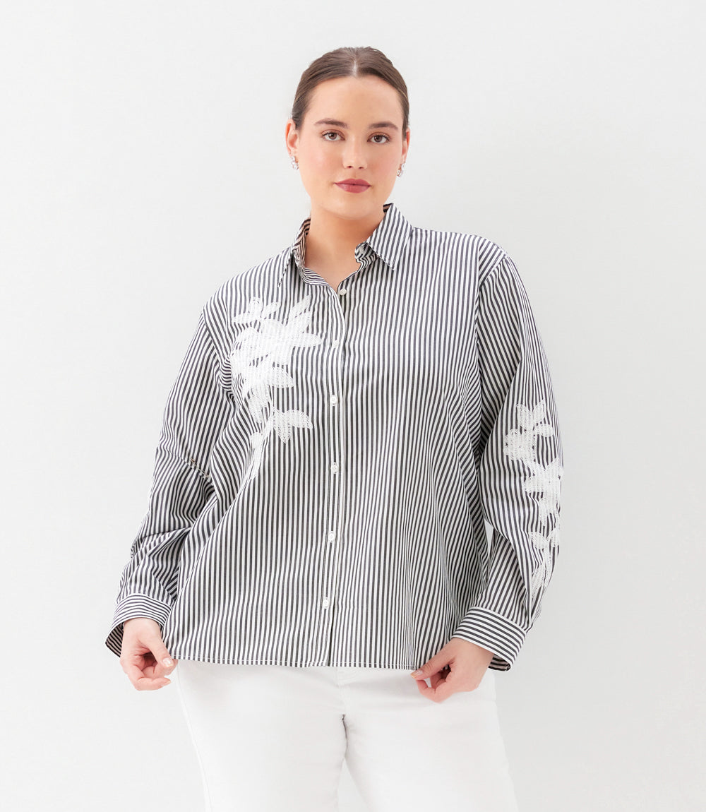 Plus Size Long Sleeve Stripe Embroidered Shirt