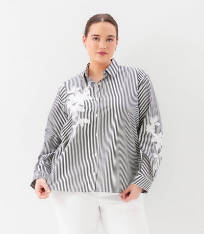 Plus Size Long Sleeve Stripe Embroidered Shirt