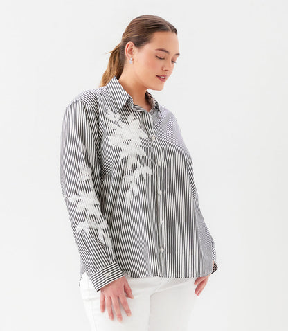 Plus Size Long Sleeve Stripe Embroidered Shirt