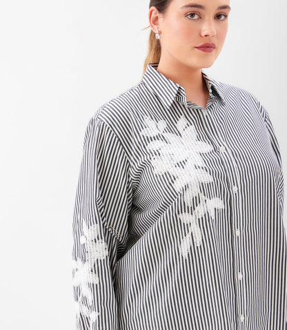 Plus Size Long Sleeve Stripe Embroidered Shirt