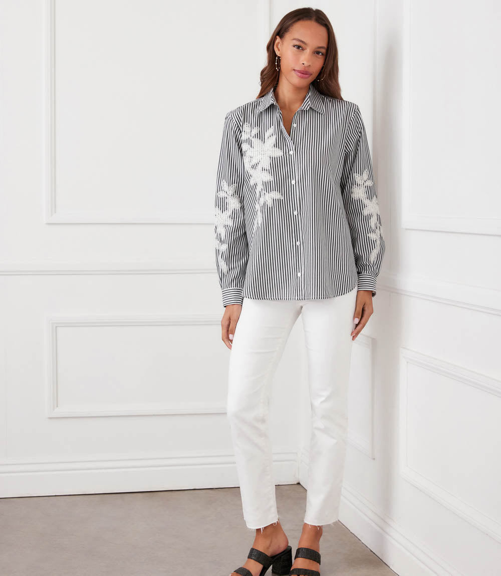 Long Sleeve Stripe Embroidered Shirt