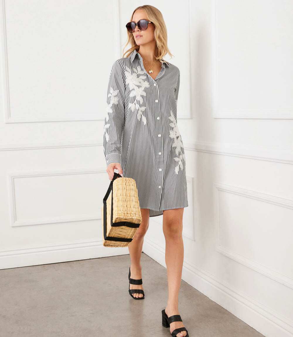 Roll-Tab Stripe Embroidered Shirtdress