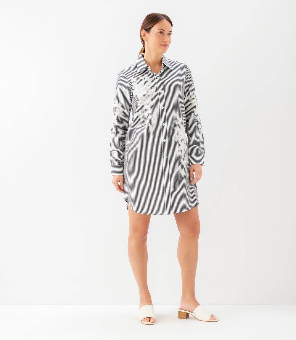 Roll-Tab Stripe Embroidered Shirtdress
