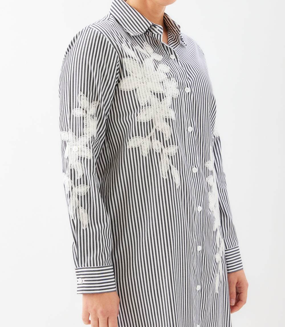 Roll-Tab Stripe Embroidered Shirtdress