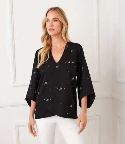 Petite Size Bracelet Sleeve Embellished Asymmetric Top