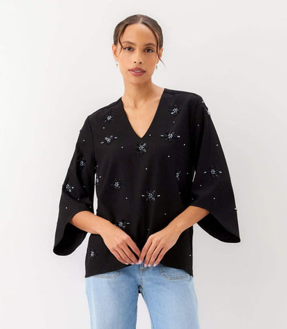 Petite Size Bracelet Sleeve Embellished Asymmetric Top