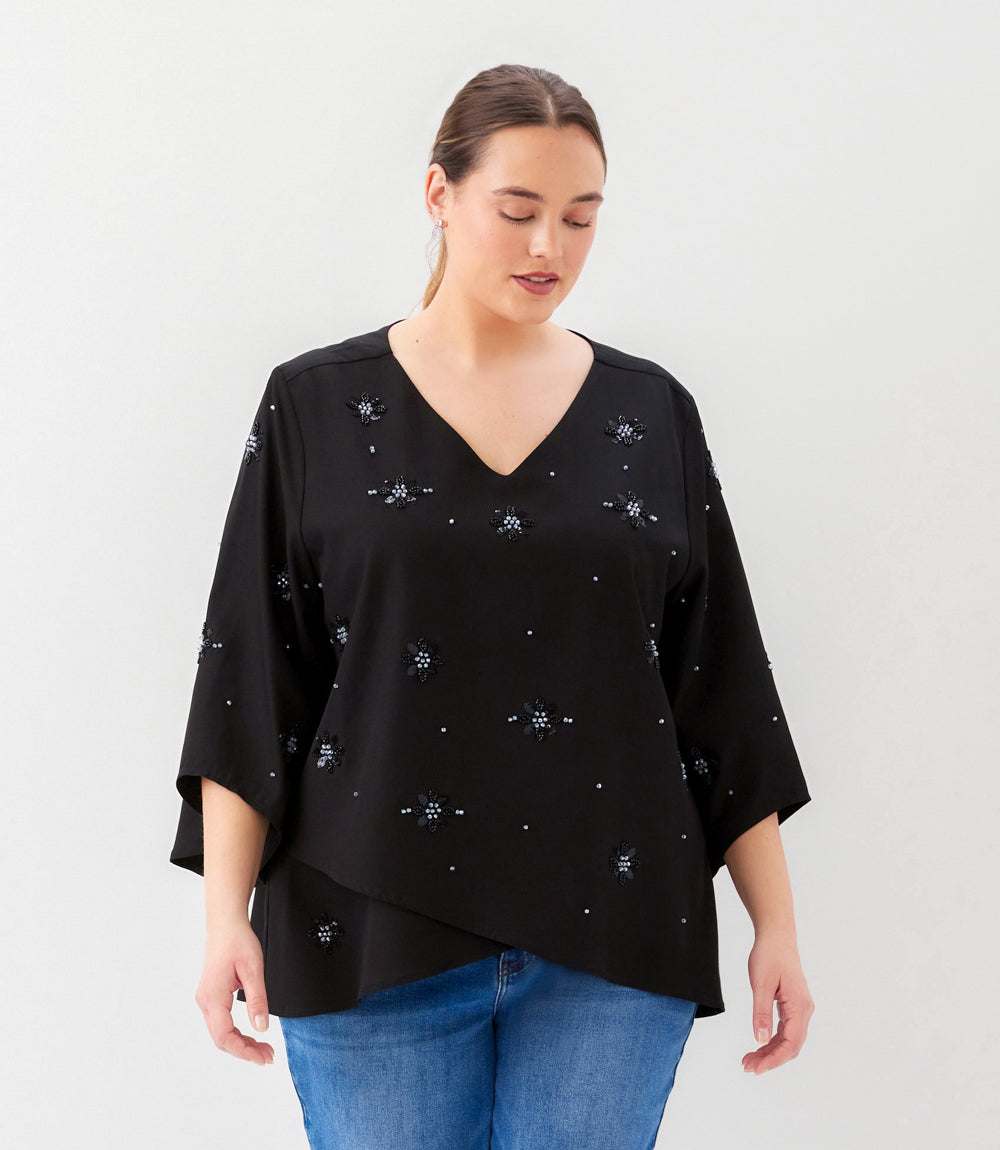 Plus Size Bracelet Sleeve Embellished Asymmetric Top