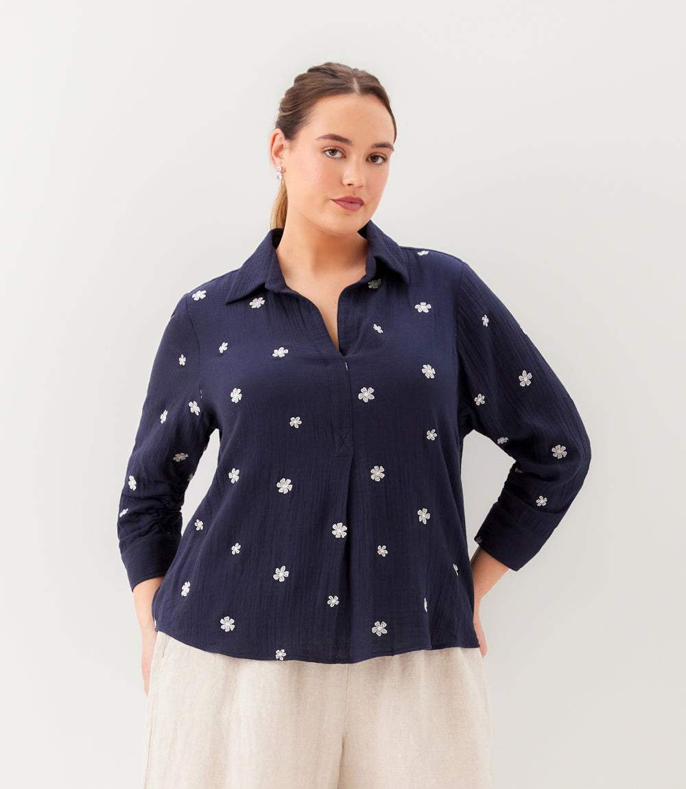 Plus Size Embroidered Ruched Sleeve Shirt