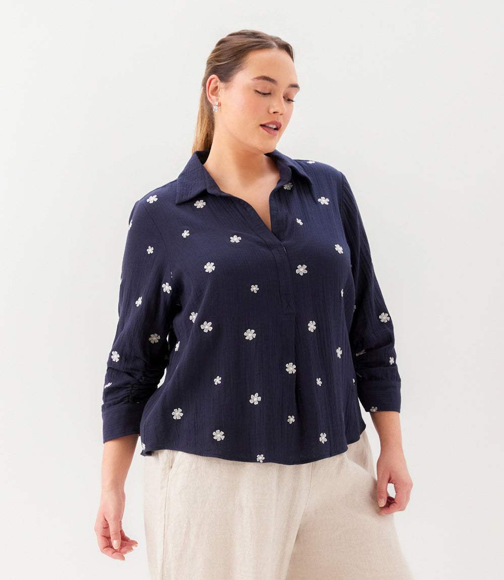 Plus Size Embroidered Ruched Sleeve Shirt