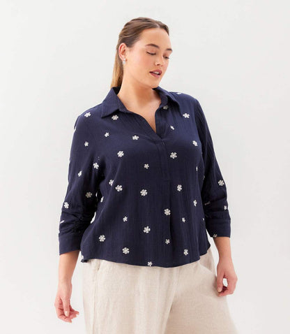 Plus Size Embroidered Ruched Sleeve Shirt