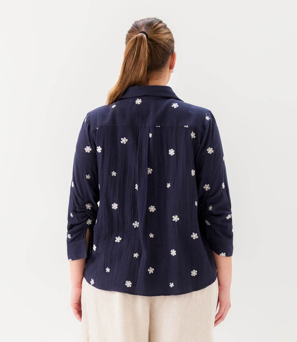Plus Size Embroidered Ruched Sleeve Shirt