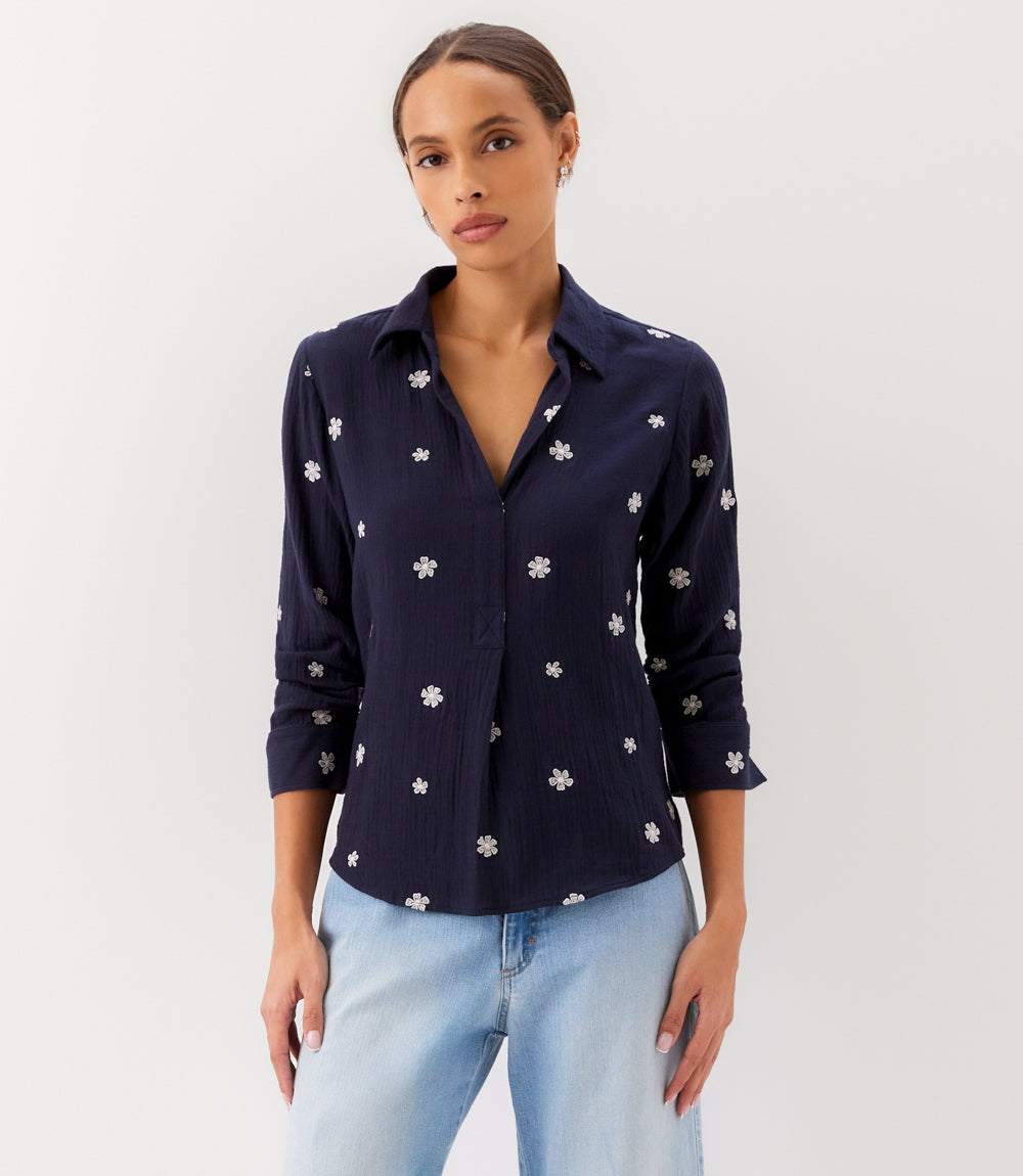Embroidered Ruched Sleeve Shirt