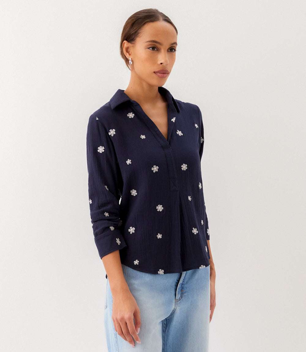 Embroidered Ruched Sleeve Shirt